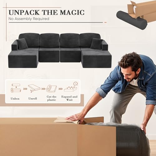 Shahoo 126" Modular Sectional Sofa, Cloud Couches for Living Room, Upholstered Boneless Couch with Ottoman, Upholstered Cloud Sofa for Bedroom (Black, U Shaped Sofa) Shahoo