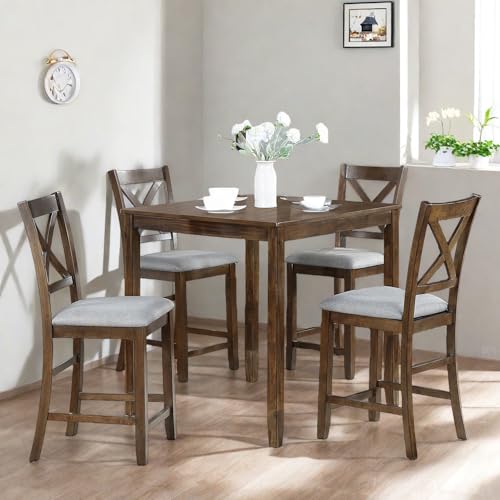Trygoal Dining Table Set for 4, Modern 5 Piece Dining Room Table Set with Square Table & 4 X-Shaped Backrest Upholstered Chairs, Counter Height Kitchen Chairs Set for Small Space, Walnut Trygoal