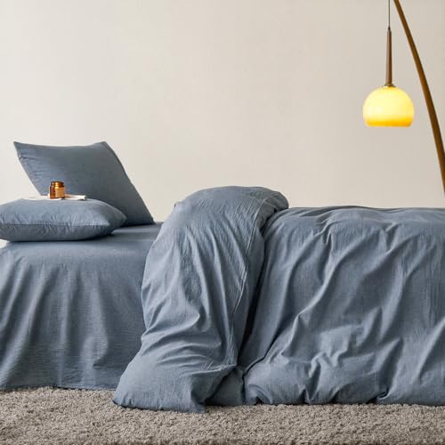 Wake In Cloud - Cotton Duvet Cover Set, Full Size, Chambray Denim Blue, 100% Washed Cotton, Linen Like Textured, Breathable Percale Durable Comfy Farmhouse Neutral Bedding Set, 3 Pieces Wake In Cloud