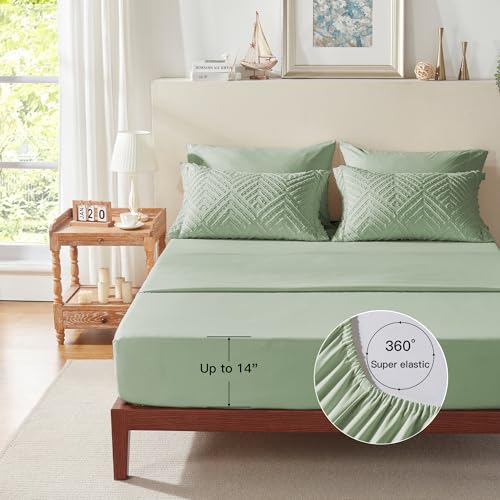 Zzlpp Queen Comforter Set 7 pieces, Sage Green Tufted Bed in a Bag with Comforter and Sheets, All Season Boho Bedding Sets with 1 Comforter, 2 Pillow Shams, 2 Pillowcases, 1 Flat Sheet, 1 Fitted Sheet Zzlpp