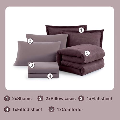 Geniospin Purple Queen Comforter Set - 7 Pieces Egglant Comforter Queen Size, Solid Bedding Set for All Season, Textured Bed in a Bag with Sheets Geniospin