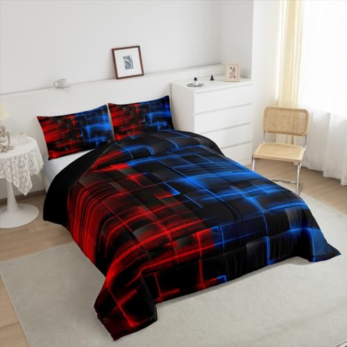 Feelyou Red Blue Bedding Set Twin Size Boys Girls Geometric Strip Lines Comforter Set for Kids Comforter Abstract Modern Duvet Set Room Decor Duvet Set with 1 Pillow Case Feelyou