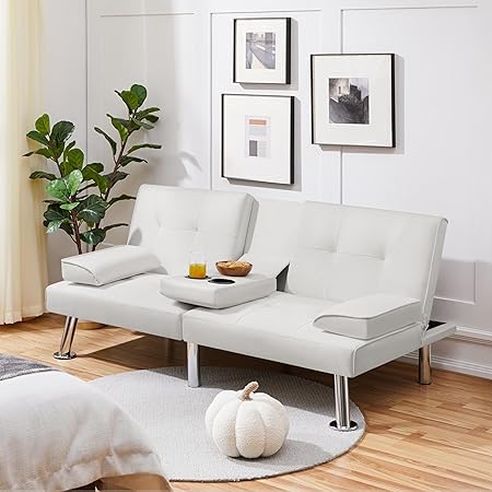 Convertible Folding Futon Sofa Bed with Metal Legs & 2 Cupholders, Modern Fabric Linen Upholstered Couch Loveseat Sleeper, Folding Couches Bed, Removable Armrests for for Small Spaces (White) AnwickNomo
