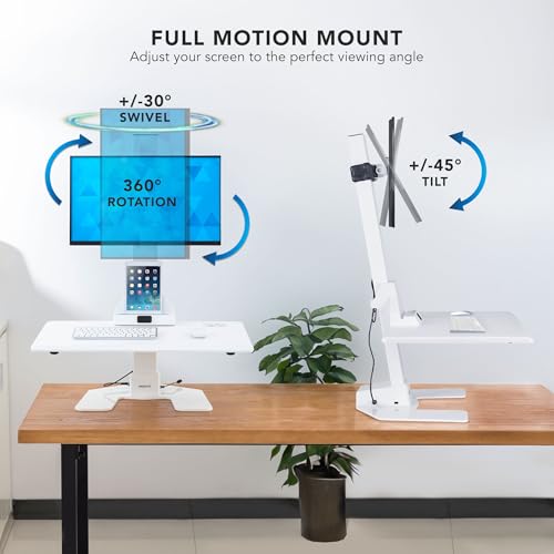 Mount-It! Electric Standing Desk Converter, Adjustable Tabletop Sit Stand Desk Riser with Single Monitor Mount for Monitors up to 32", Freestanding 28" Wide Platform Rises up to 20.75" White Mount-It!