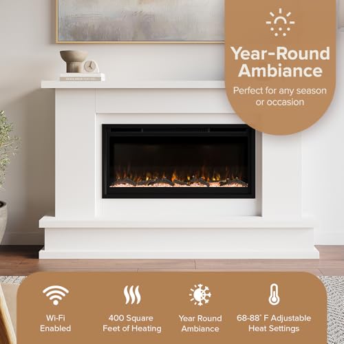 Modern Ember Patton White Mantel Package 64" W x 42" H with 42 Inch Electric Fireplace - 5 Flame Colors, 10 Ember Bed Colors, Log Kit & Crystal Embers | Alexa/WiFi Enabled Modern Ember