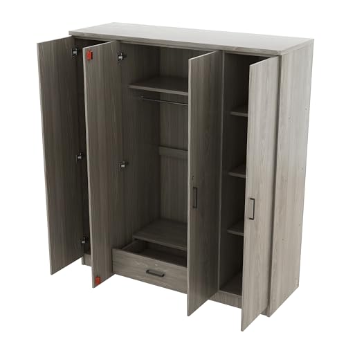 BIADNBZ Wardrobe Closet with Drawer, Hanging Rail and 4 Doors, Wooden Storage Clothes Cabinet w/Shelves for Bedroom Guest Room, 59.2" L x 19.2" W x 67.9" H, Gray BIADNBZ