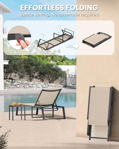 Oasbira Aluminum Chaise Lounge Chair Outdoor, Foldable & No Assembly Patio Pool Lounge Chairs 5-Position Recliner for Outside Poolside, Fully Grounded Legs Sun Lounger for Beach, Yard, Khaki