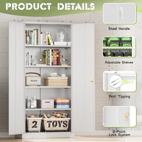 Crownland 72" Lockable Metal Storage Cabinet, Garage Storage Cabinets, High Office Cabinet with Adjustable Shelves for Garage, Home Office,Pantry, File(White) Crownland