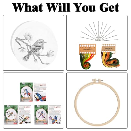GLTAYLMY 3 Sets Embroidery Kit for Beginners Needlepoint Cross Stitch Kits for Adults,Stitch Learning DIY Kit with Easy Instruction,Stamped Bird Embroidery Patterns,Hoop,Threads,Sewing Hobby
