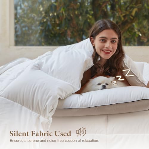 DWR Luxury Down Feather Fibers Comforter Full/Queen, Hotel-Style Fluffy Duvet Insert, Ultra-Soft Cotton Blend Fabric, High Fill Power 46oz Medium Weight for All Season(90x90, White) DWR
