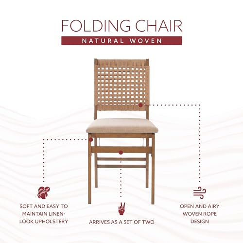 Linon Bennett Natural Folding Chair with Woven Rope Back and Linen Upholstered Seat Set of 2 Linon