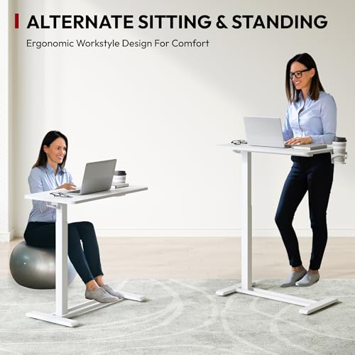 SANODESK Mobile Standing Desk with Hidden Wheels,Pneumatic Laptop Desk Rolling Computer Cart Movable Height Adjustable Small Sit Stand Desk for Home Office(31.5" W x 15.7" D,White) SANODESK