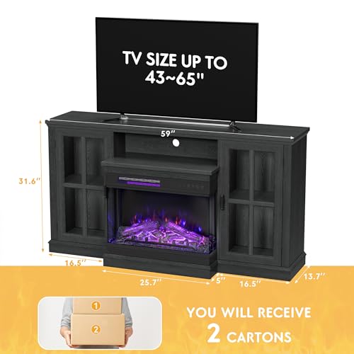 JUMMICO Fireplace TV Stand for TVs up to 65'', 3-Sided Glass Media Entertainment Center Console Table with Cabniet Storage Adjustable Flame LED Color for Living Room (Black) JUMMICO
