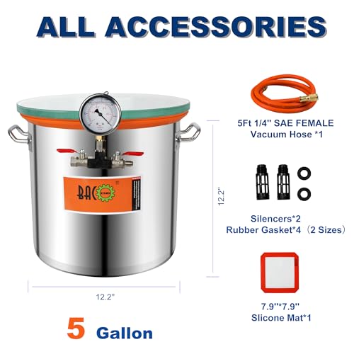 BACOENG 5 Gallon Vacuum Chamber Kit with 4.5 CFM 1 Stage Vacuum Pump HVAC, Perfect for Stabilizing Wood, Degassing Silicones and Epoxies BACOENG