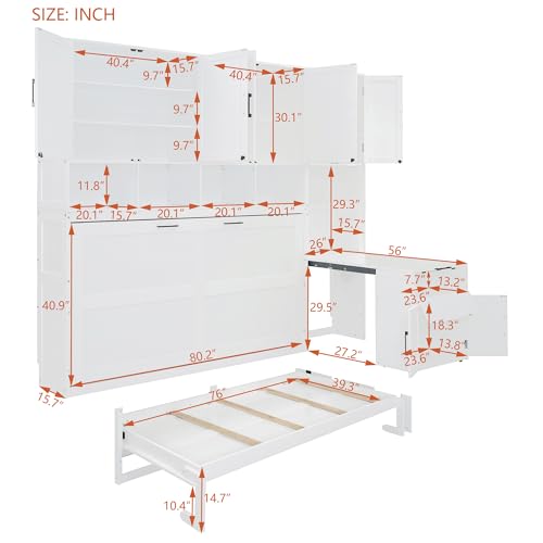 Merax Horizontal Murphy Bed Cabinet Twin Size with Desk & Small Closet & Cabinet with Doors & Open Storage Shelves, Twin Hidden Murphy Wall Bed with Storage for Living Room, White Merax