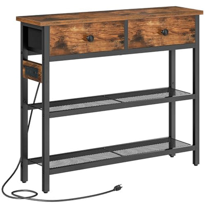HOOBRO 29.5" Narrow Console Table with Power Outlet, Small Entryway Table with 2 Fabric Drawers, Behind Couch Table Sofa, 3-Tier Storage Shelves, for Living Room, Hallway, Rustic Brown BF72UXG01
