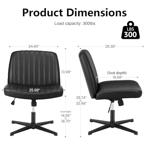 DUMOS Desk Chair No Wheels, Criss Cross Chair Wide Cross Legged Office Desk Vanity Chair, PU Leather Armless Adjustable Swivel Chairs for Home Computer Task Black DUMOS