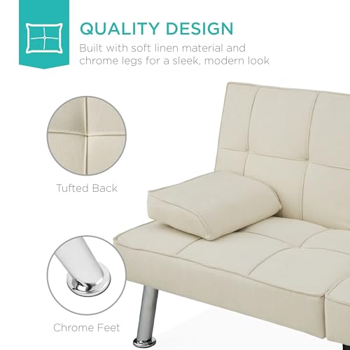 Best Choice Products Linen Modern Folding Futon, Reclining Sofa Bed for Apartment, Dorm w/Removable Armrests, 2 Cupholders - Ivory Best Choice Products