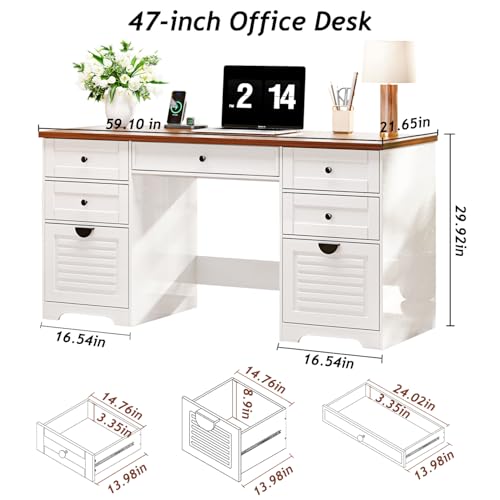 Ieejdn 59" Home Office Desks, Executive Desk, Farmhouse Computer Desk with 7 Drawers and Charging Station, File Drawer, Rustic Computer Writing Desk,Antique Cream Ieejdn