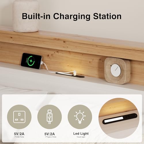 HoldoLife Bed Frame with Tall Headboard, King Size Platform Bed with Charging Station & LED Light, Modern Bedframe, Metal Support No Box Spring Needed, White Oak Finish HoldoLife