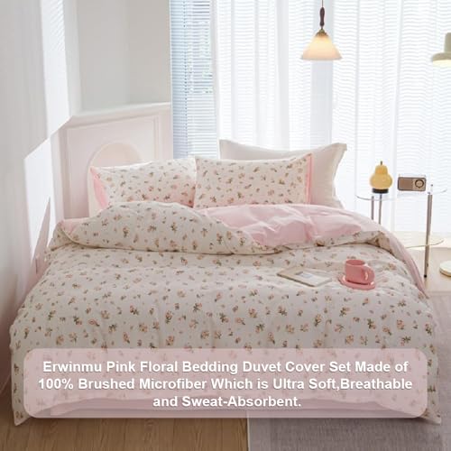 Erwinmu Floral Duvet Cover Set Twin Size,Pink Floral Flowers Bedding Duvet Cover with Zipper Closure,Reversible Comforter Duvet Cover and 1 Pillowcase Erwinmu