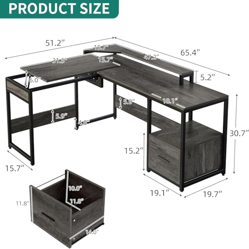 DWVO L Shaped Desk with Lift Top, 65" Adjustable Standing Desk with File Drawer, Corner Computer Desk with Storage Shelves,Home Office Desk, Grey DWVO