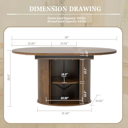 VICBARLEY Oval Extendable Dining Table with Storage,59" Storage Kitchen Table for 4-8 People with Curved Sliding Door Fluted Wood Coffee Table Thickened Tabletop for Dining Room/Kitchen,Brown VICBARLEY
