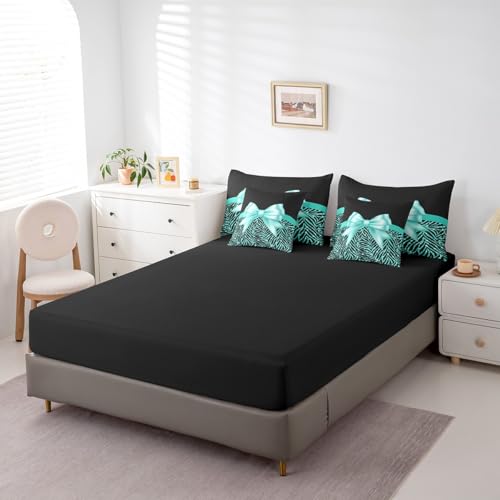 Feelyou Teal Bowknot 7 Piece Bedding Set Queen Size Glitter Print Comforter Set with Sheets for Kids Girls Adult Cute Bowknot Bed in a Bag Black Silver Bed Set Feelyou