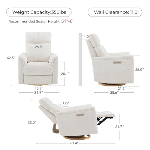 CHITA Power Swivel Glider for Adults with Nightlight, Nursery Recliner Chair with Power Headrest for Living Room, Bedroom, Water-Resistant Boucle Fabric, Boucle Fabric in Pearl
