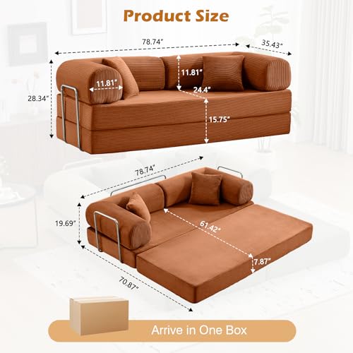 CozySpot Sofa Bed, 79" Convertible Sleeper Sofa with Pull Out Bed, 5-in-1 Folding Corduroy Futon Couch, Modular Loveseat Sofa Bed for Living Room, Bedroom & Apartment, Brown CozySpot