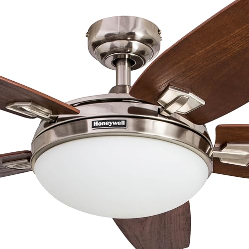 Honeywell Ceiling Fans Carmel, 48 Inch Contemporary Indoor LED Ceiling Fan with Light, Remote Control, Dual Mounting Options, Dual Finish Blades, Reversible Motor - 51920-01 (Brushed Nickel) Honeywell