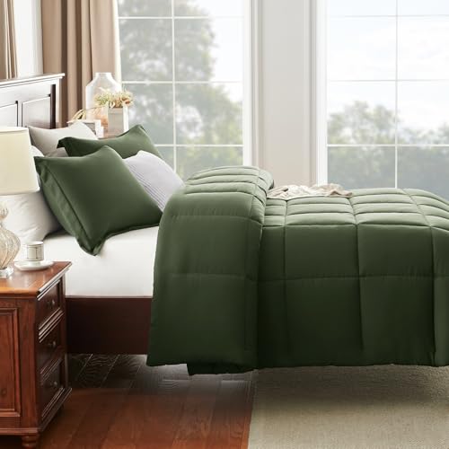 CozyLux Full Size Comforter Sets - Olive Green Comforter Full Size, 3 Pieces Box Stitched Bed Set for All Seasons, Soft Lightweight Bedding Sets with 1 Down Alternative Comforter and 2 Pillow Shams CozyLux
