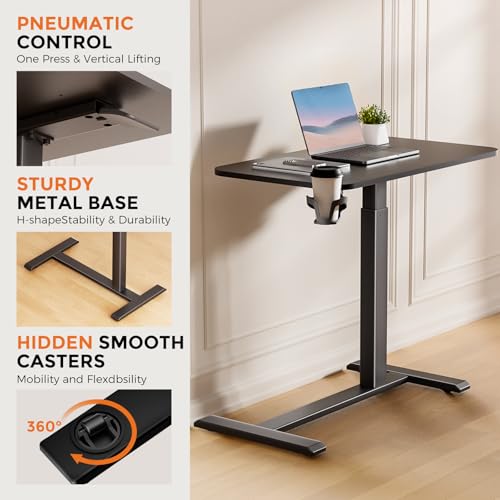 GTPLAYER Small Standing Desk with Hidden Wheels, Pneumatic Mobile Rolling Laptop Desk, Adjustable Height Overbed Bedside Table Computer Workstation for Home Office (32" W x 16" D, Black) GTPLAYER