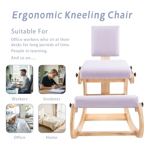 VDNEND Ergonomic Kneeling Chair with Back Support,Wooden Kneeling Chair Desk for Work, Rocking Office Kneel Chairs for Relieve Back Pain, Kneeling Posture Chairs for Gaming,Home (Light Purple) VDNEND