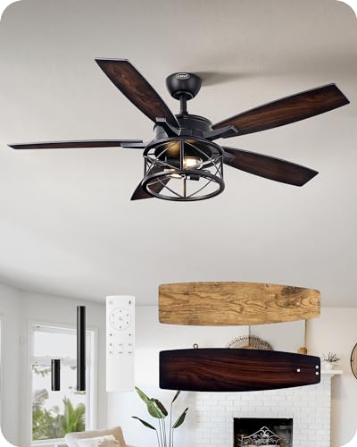 EDISHINE 52 Inch Farmhouse Ceiling Fans With Lights, Rustic Ceiling Fan With Light and Remote, 5 Wood Blades Ceiling Fan with Timer, 6 Speeds Reversible DC Motor for Bedroom, Patio, Porch EDISHINE