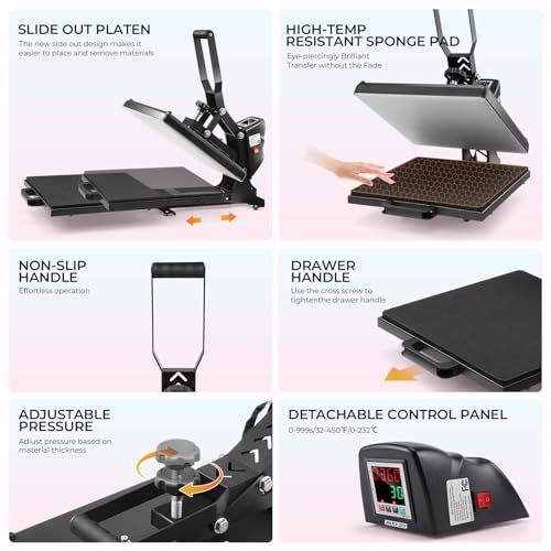 Whubefy Heat Press Machine 15x15 with Fully Slide Out Drawer, 1200W Heat Press Machine for T Shirts Printer, Heat up Fast&Even, Sublimation Shirt Press Machine for Mouse Pad, Pillow, Coaster, Puzzles Whubefy
