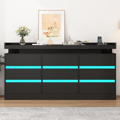 Hlivelood 9 Drawer Dresser with Power Outlet & LED Light, Modern Chest of Drawers for Closet Modern Large Dresser Organizer Cabinet for Bedroom, Living Room, Black Hlivelood