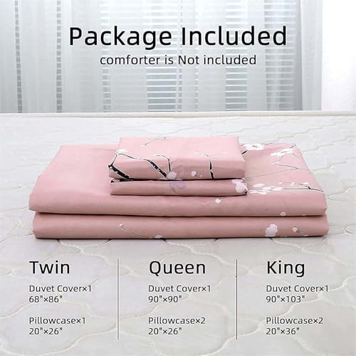 WONGS BEDDING Pink Floral Duvet Cover Set Twin,Reversible Flower Bedding Set with 1 Pillowcase, Pink Plum Flower Pattern Comforter Cover Set with Zipper Ties Soft Microfiber 68"x86"(Not Comforter) WONGS BEDDING