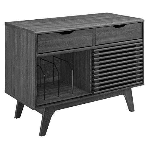 Modway Render Mid-Century Modern 37" Vinyl Record Display Stand with Drawers in Charcoal Modway