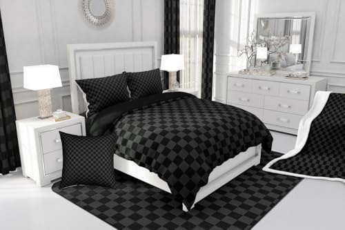 Manfei Black and Gray Checkered Kids Comforter Set,Geometric Plaids Grids Simple Bedding Set All Season,Abstract Checkerboard Buffalo Squares Comforter 2 Pcs with 1 Pillowcase,Twin Size Manfei
