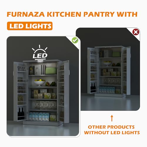 Furnaza LED Kitchen Pantry Storage Cabinets - 50 Inch Food Cabinets Buffet Cupboards with 2 Doors and Shelves Adjustable for Small Space in Dinning Room, Living Room, in Grey Furnaza