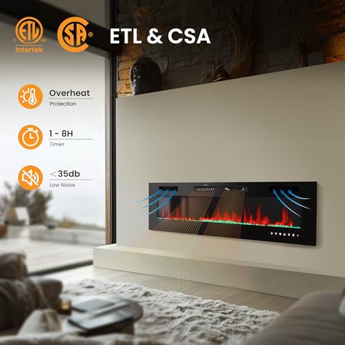 PHI VILLA 72" Electric Fireplace Wall Mounted & Recessed, 3.19" Ultra-Thin Linear Fireplace Electric Heater with Remote Control & Touch Screen, 750/1500W, Low Noise, Timer PHI VILLA