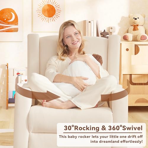 Tbfit Nursery Rocking Chair, 360° Swivel Recliner Chair with Lumbar Support for Bedroom, Comfy Upholstered Armchair with Pillows & Footrest for Living Room & Baby Room