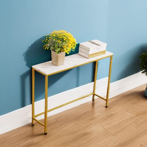 loglus Console Table for Entryway, Faux Marble MDF Sofa Table with Golden Frame (Single Layer, White Marble) loglus