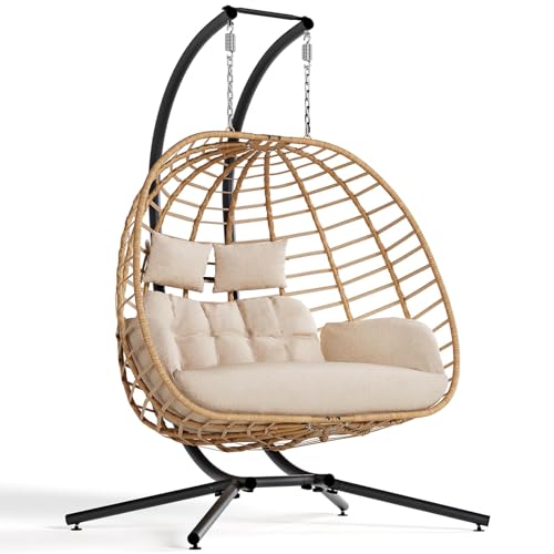 SWITTE Double Hanging Egg Chair with Stand, Outdoor Patio 2 Person Wicker Hammock Swing Chairs with Cushion Loveseat for Indoor Bedroom, Lawn, Garden-Beige SWITTE