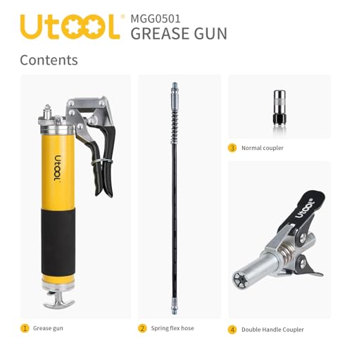 UTOOL Grease Gun, 8000 PSI Heavy Duty Pistol Grip Grease Gun Kit with 14 oz Capacity, 18 Inch Resin Flex Hose, 1 Patented Double Handle Coupler, 1 Basic Coupler UTOOL