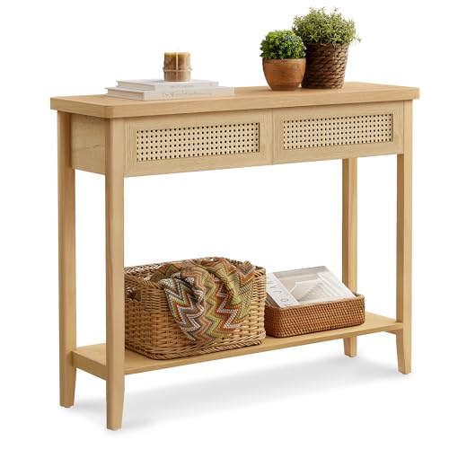 VASAGLE Console Sofa Table, Narrow Entryway Table, 2 Drawers, Open Storage Shelf, Rounded Corners, for Living Room, Boho Style, Oak Beige ULNT016YC01S VASAGLE