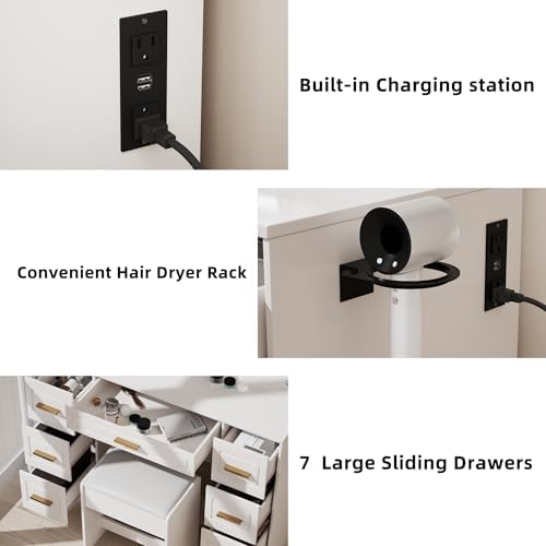 Vanity Desk with Mirror and LED Lights, 43'' W Makeup Vanity Desk with Power Outlet, 3 Color Modes, 7 Drawers Vanity Table with Chair, Dressing Table for Bedroom, Dressing Room Homesflex