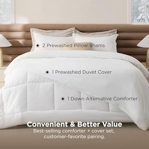 Bedsure Removable Cover with Comforter Duvet Insert Full - 4 Pieces White Prewashed Soft Bedding Set for All Seasons Use, Includes 1 Duvet Cover, 1 Comforter, 2 Pillow Shams Bedsure