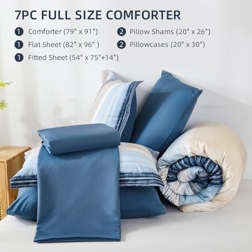 WONGS BEDDING Blue Comforter Set Full Size, 7 Pieces Full Bed in a Bag for All Season, Soft and Breathable Striped Bedding Set with Boho Comforter, Flat Sheet, Fitted Sheet, Pillowcases & Shams WONGS BEDDING